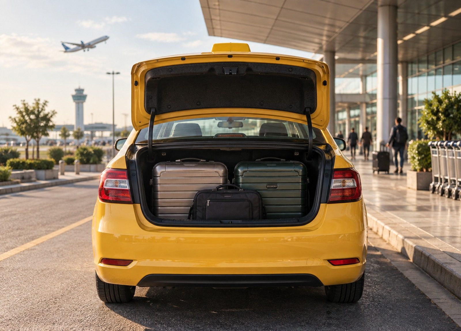 Sedan aracın açık bagajında düzgün yerleştirilmiş iki büyük valiz ve bir kabin çantası