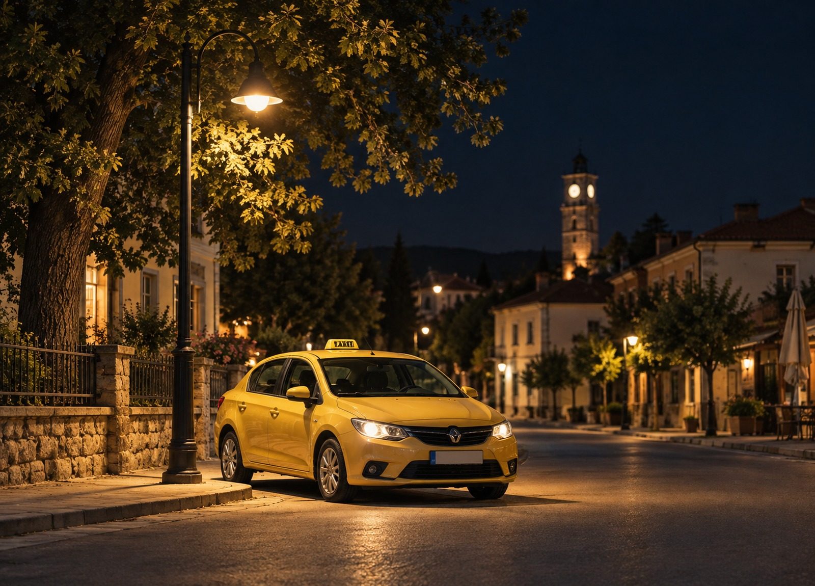 Gece sokak lambasının altında bekleyen sarı taksi