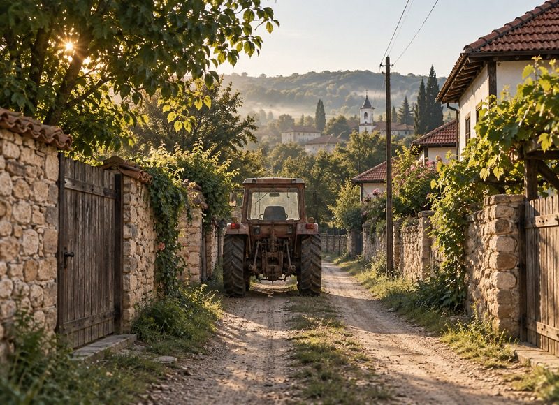 Taş duvarlı dar köy yolu ve traktör izi