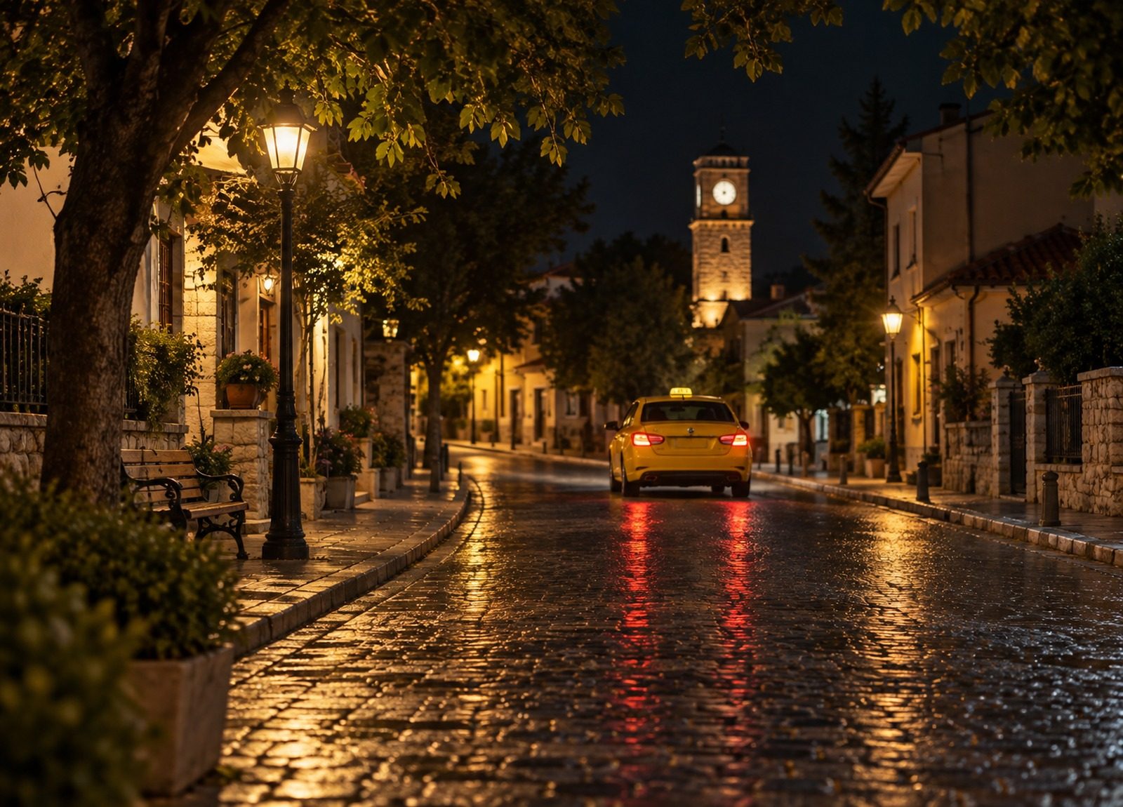 Gece ıslak arnavut kaldırımında sokak lambalarının yansıdığı sakin ilçe sokağı